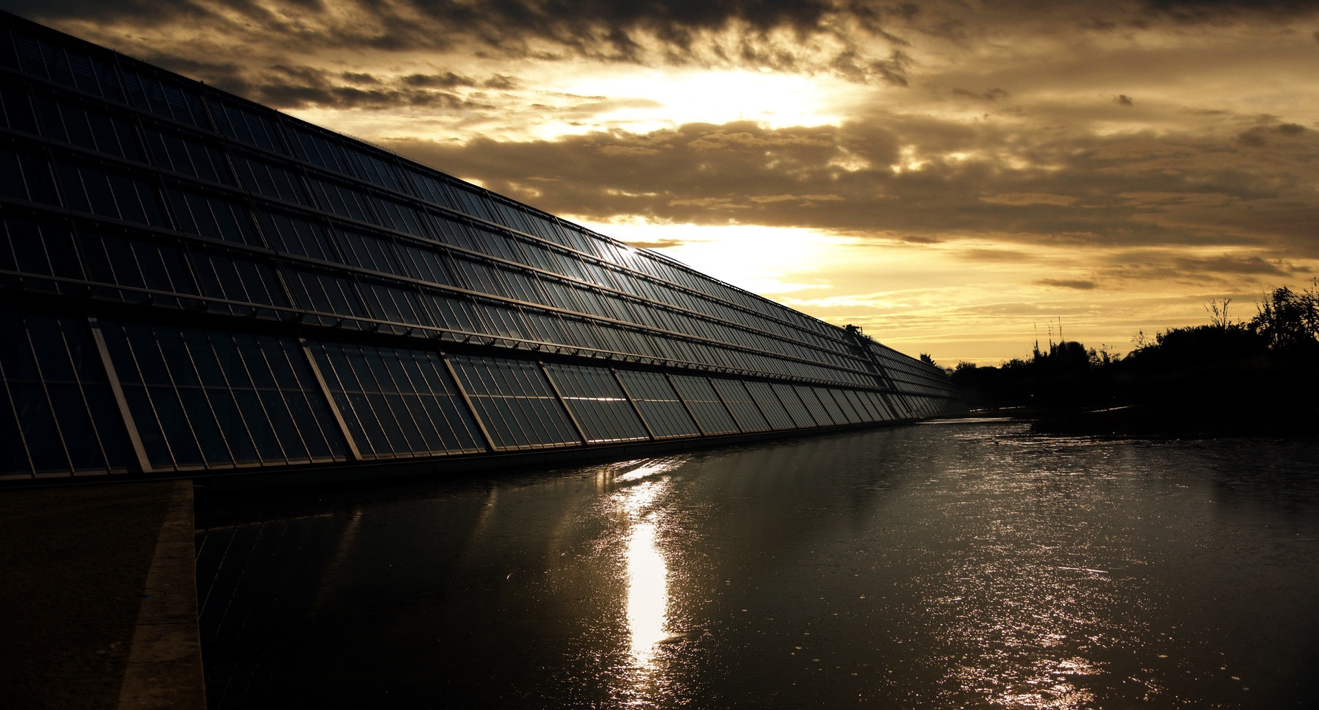Solar Farm With Sunset